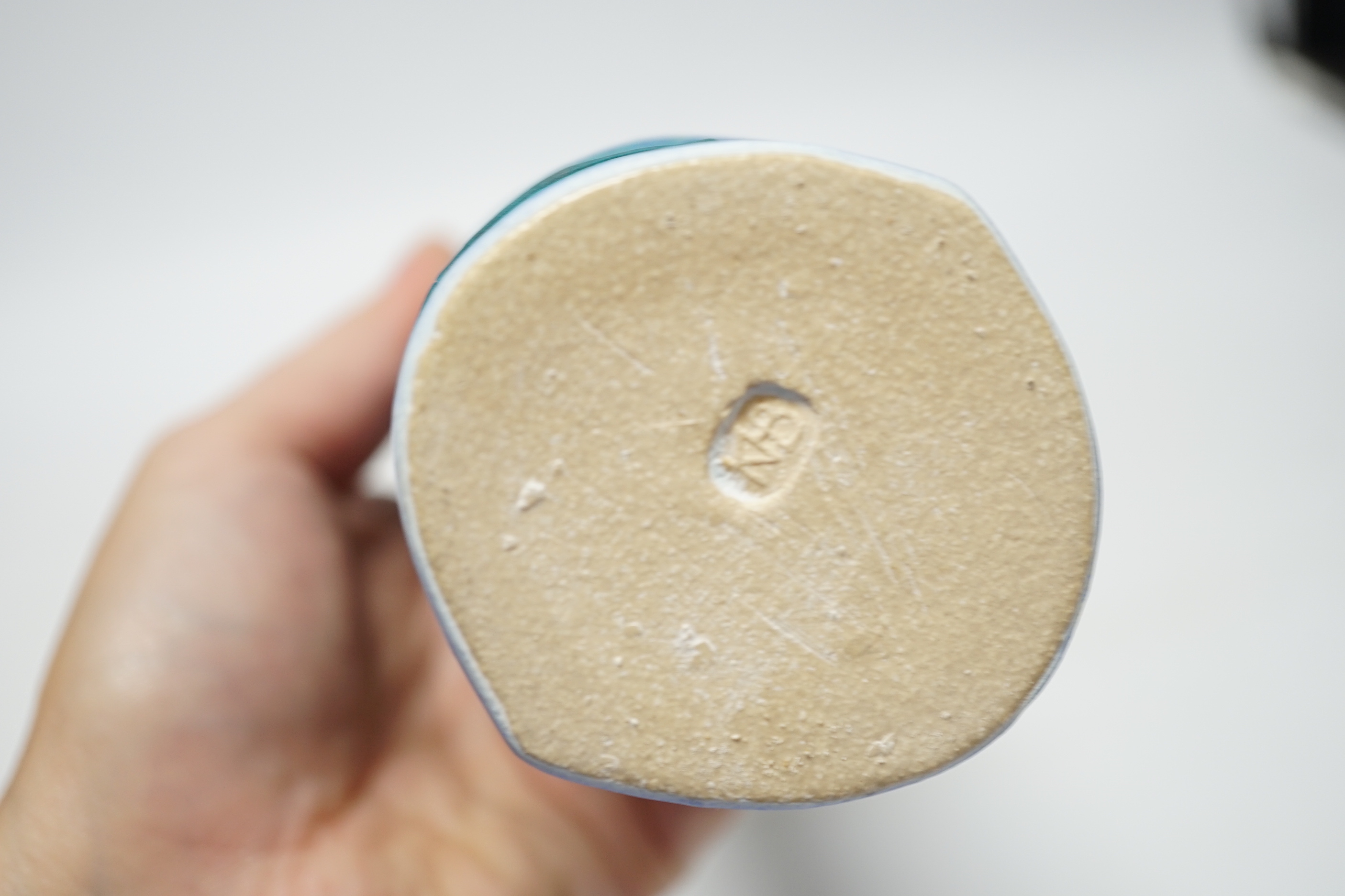 Studio Pottery - a tall narrow neck vase by Kirsti Hannah Brown 'seascape bottle', H27 impressed mark to base, 27cm